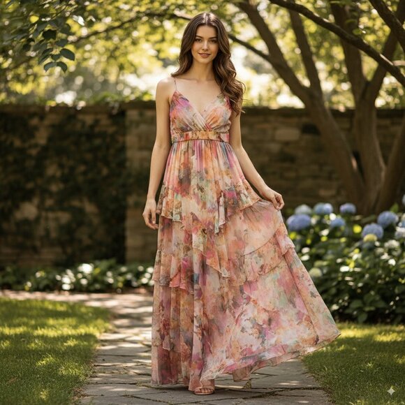 NWT Liv Foster Printed Floral Mesh Gown Pink Multi - Picture 1 of 9